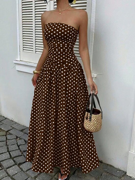 MODA ME COUTURE Dresses & Skirts - Brown Casual Women's Polka Dot Waist Cinched Bandeau Maxi Sundress